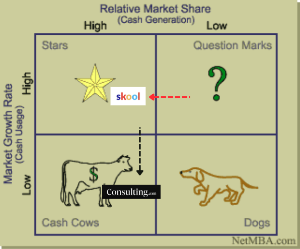Growth-Share matrix showing Consulting.com as a Cash Cow funding Skool as it moves toward the Star quadrant