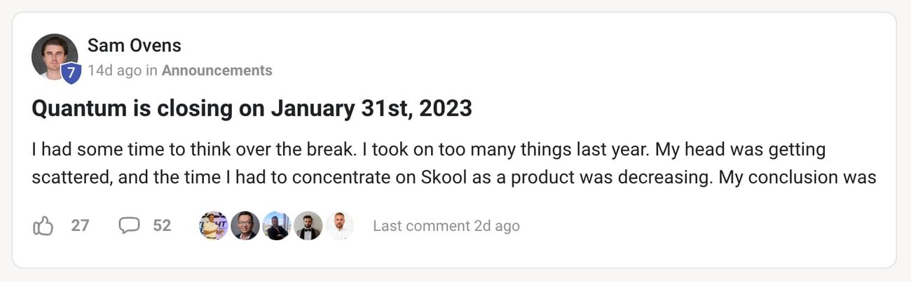 Screenshot of Sam Ovens' community post announcing that Quantum mastermind is closing